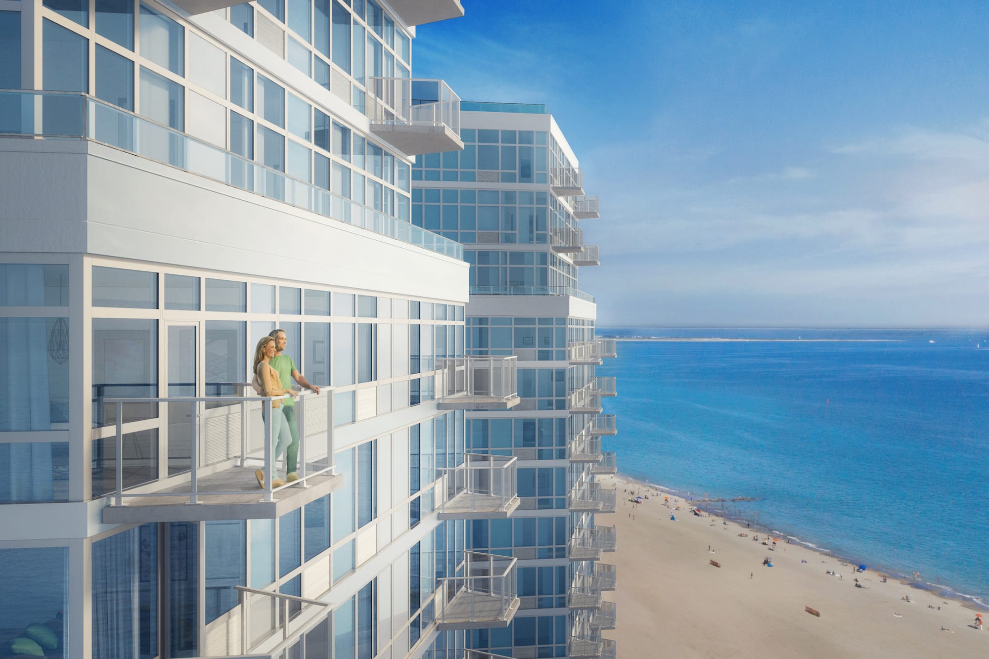 Rendering of a couple on balcony looking out to the water
