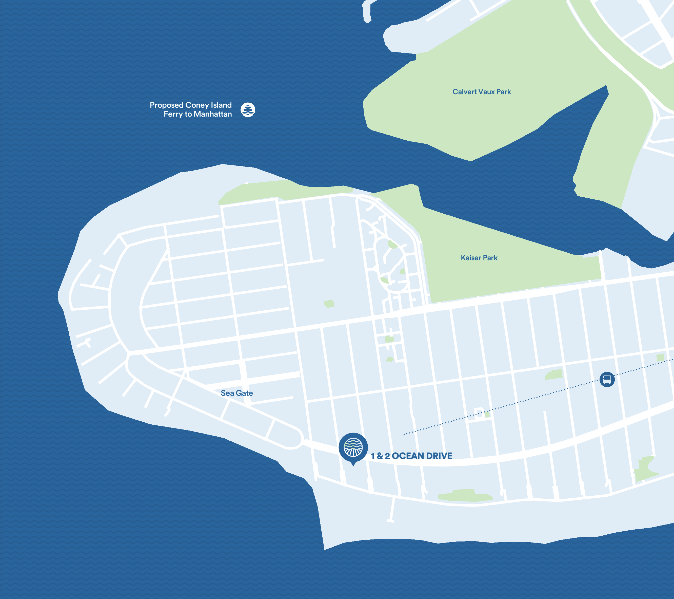 Map of Coney Island showing the proximity to transport and nearby locations