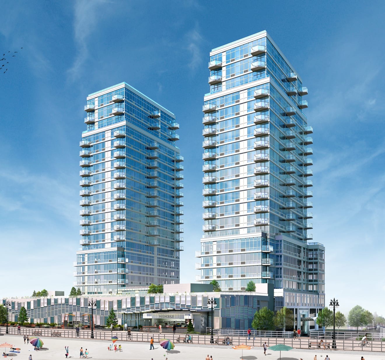 Rendering view from the beach of the project when completed